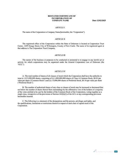 USA Delaware certificate of incorporation Word and PDF template, version 2